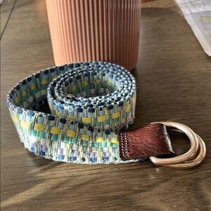 Eddie Bauer Blue and Yellow Woven Belt with Leather Detail